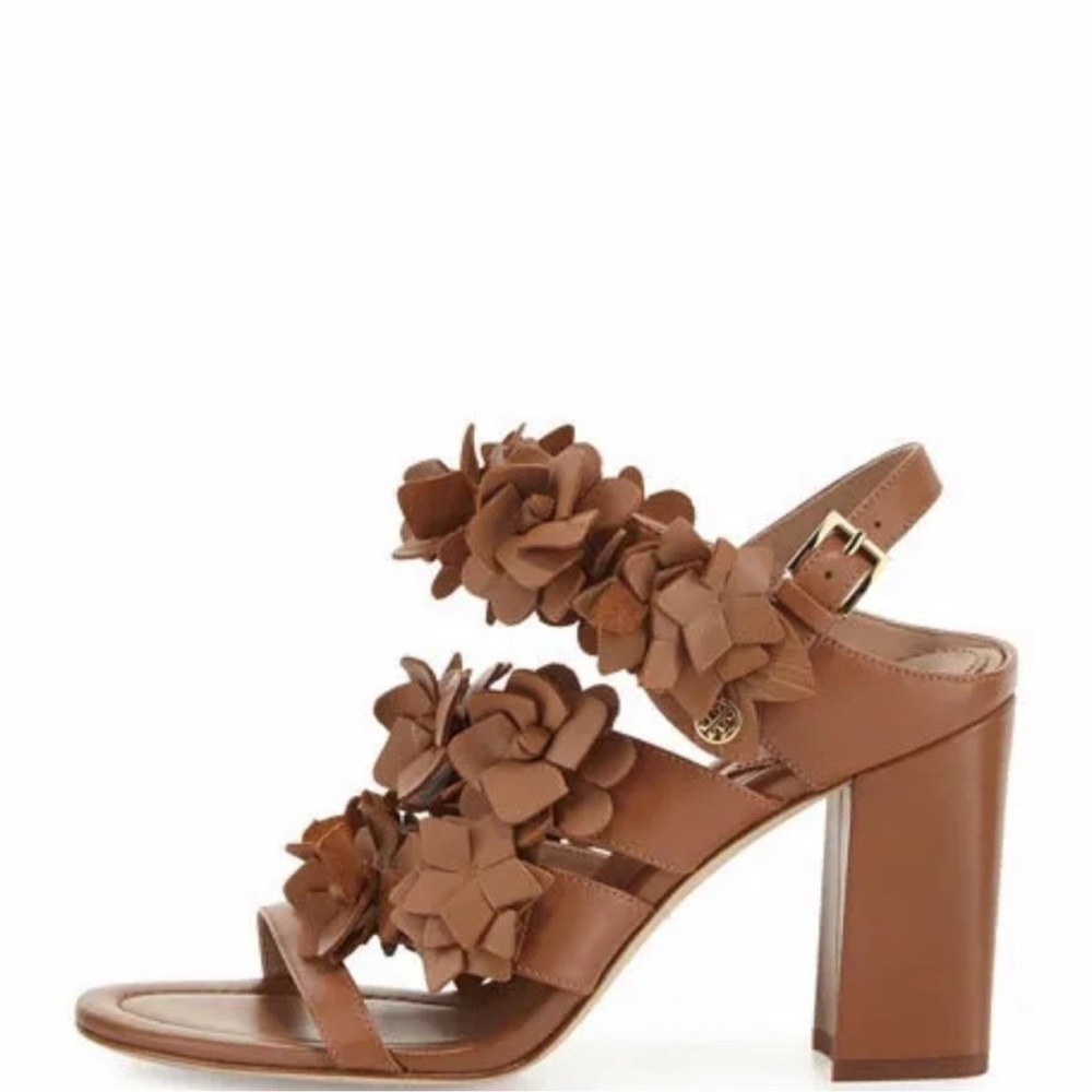 NWOB Tory Burch Women's Brown 65 mm Nappa Leather Blossom Heel Block Sandal 9.5
